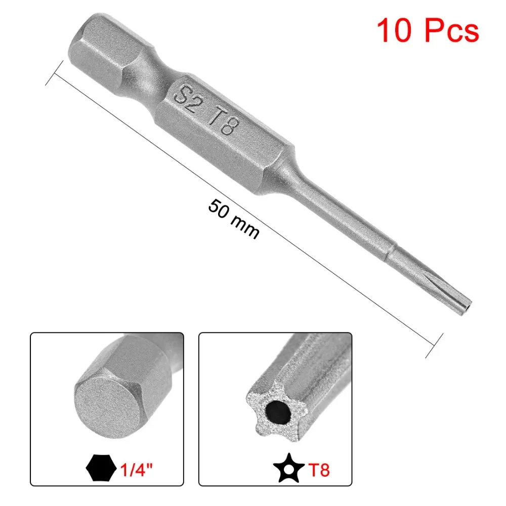 

Uxcell 10 шт./лот, 50 мм, 1/4 "шестигранный хвостовик, T8 T10 T15 T20 T25 T27 T30 T40, магнитная головка безопасности, отвертка, биты S2, легированная сталь