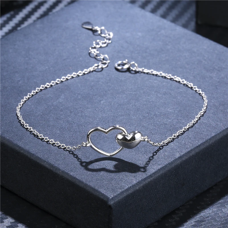 Buyee 925 Sterling Silver Sweet Bracelet White Light Double Heart Simple Bracelets Bangle for Women Girl Fashion Fine Jewelry