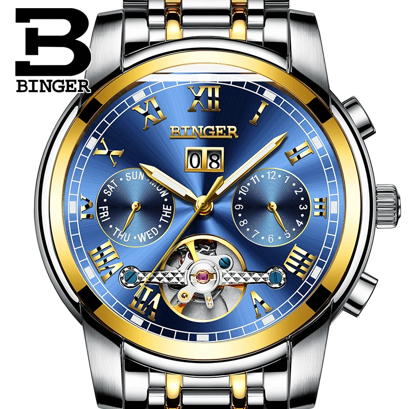 BINGER Stainless Steel Watches Men Luxury Brand Tourbillon Automatic Luminous Multiple Functions Mechanical Wristwatches 2017