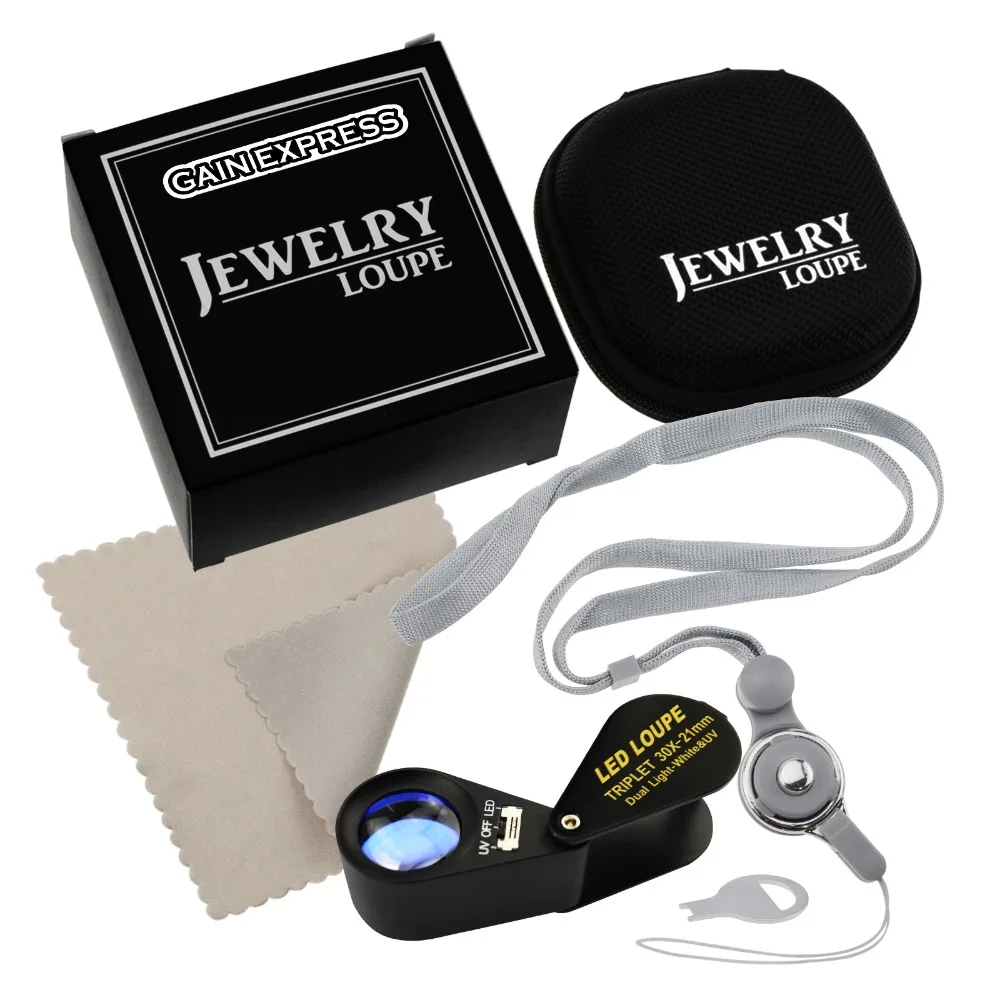 30x Magnification Jewelry Gem Loupe with UV & 6 LED Light 21mm Optical Glass Achromatic Aplanatic Triplet Black Frame Design