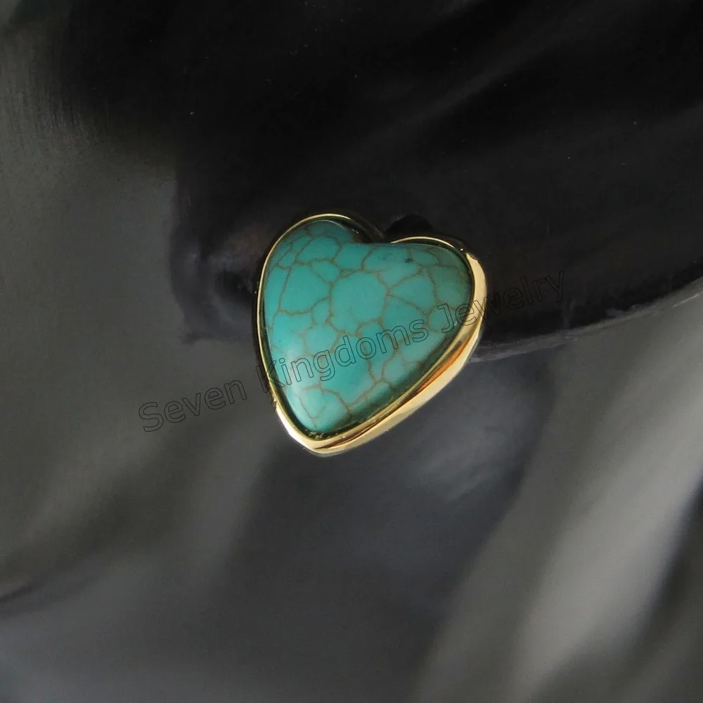 HEART SHAPE SIMULATED TURQUOISE STONE SIZE 14MM YELLOW GOLD PLATED BRASS BASE STUD EARRING GREAT GIFT