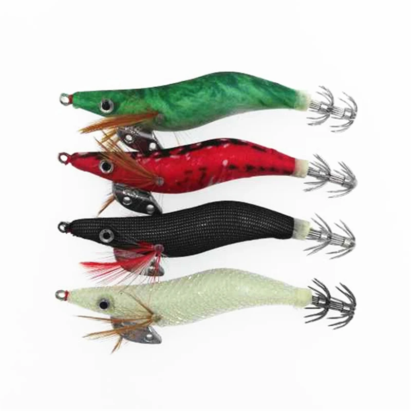 New Wood Shrimp Fishing Lure 4Pcs Luminous Squid Jigs 10cm 11g Octupus Lures Cuttle Umbrella Hook White Black Red Green