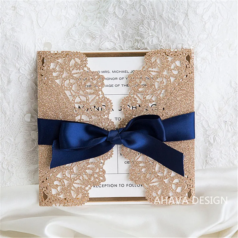 Elegant Rose Gold And Navy Blue Glitter Wedding Invitations With Gold Glittery Mirror Paper Bottom