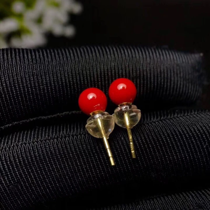 KJJEAXCMY Boutique Jewelryar Supporting Detection of 925 Pure Silver Embedded Natural Red Coral Gem 18K Golden Female Ear Nail E