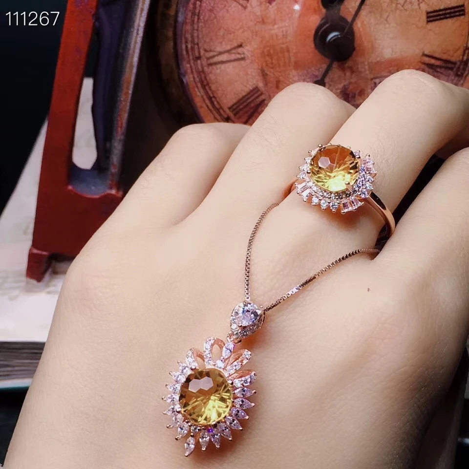 KJJEAXCMY exquisite jewelry 925 sterling silver inlaid gemstone Citrine lady's ring pendant suit