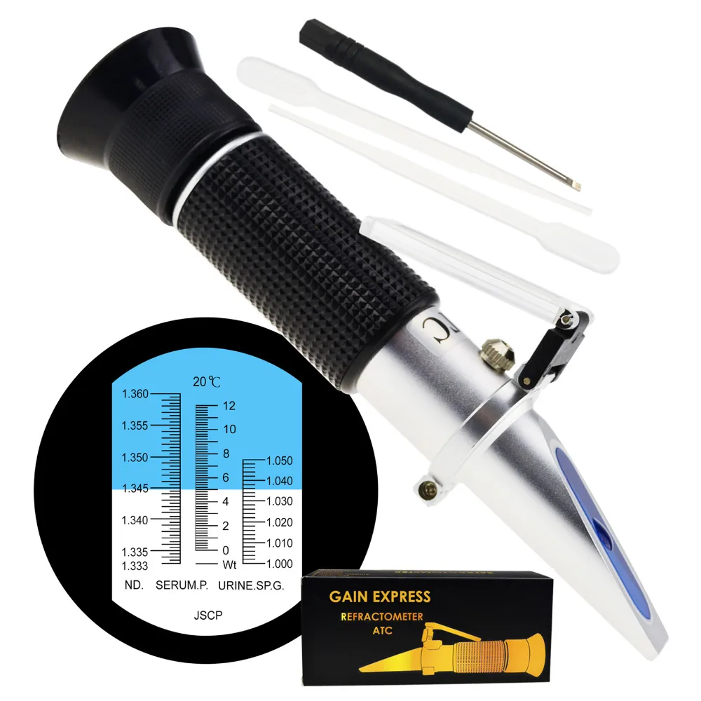 Handheld Clinical Refractometer w/ ATC, Tri Scale Blood Serum Protein/ Urine Specific Gravity/ Refractive Index for Human Only