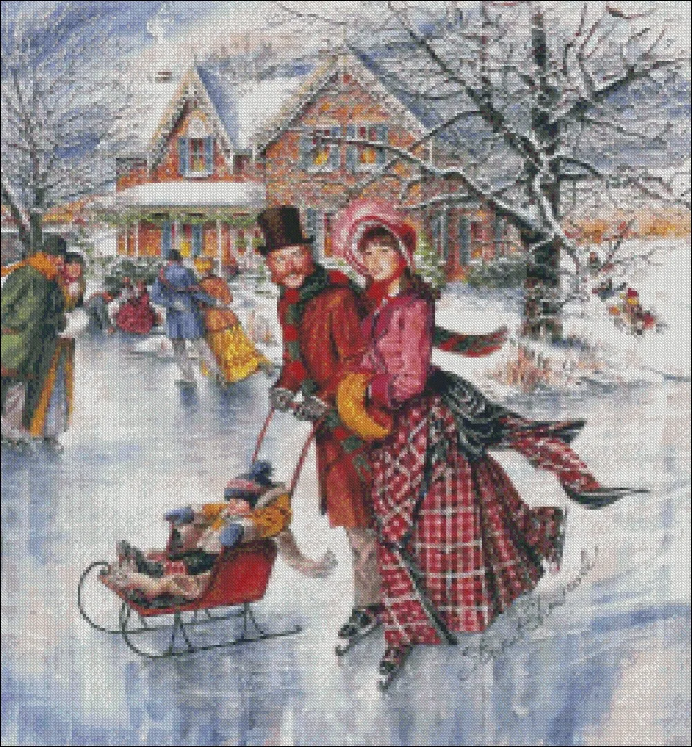 Victorian Skater Couple - Counted Cross Stitch Kits - Handmade Needlework for Embroidery 14 ct Cross Stitch Sets DMC Color