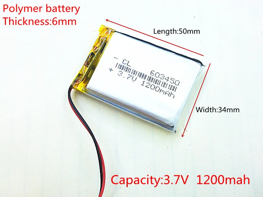 3.7V 1200mah 603450 Lithium Polymer Li-Po Rechargeable Battery For MP4 MP5 GPS  DVD mobile video game PAD E-books tablet PC