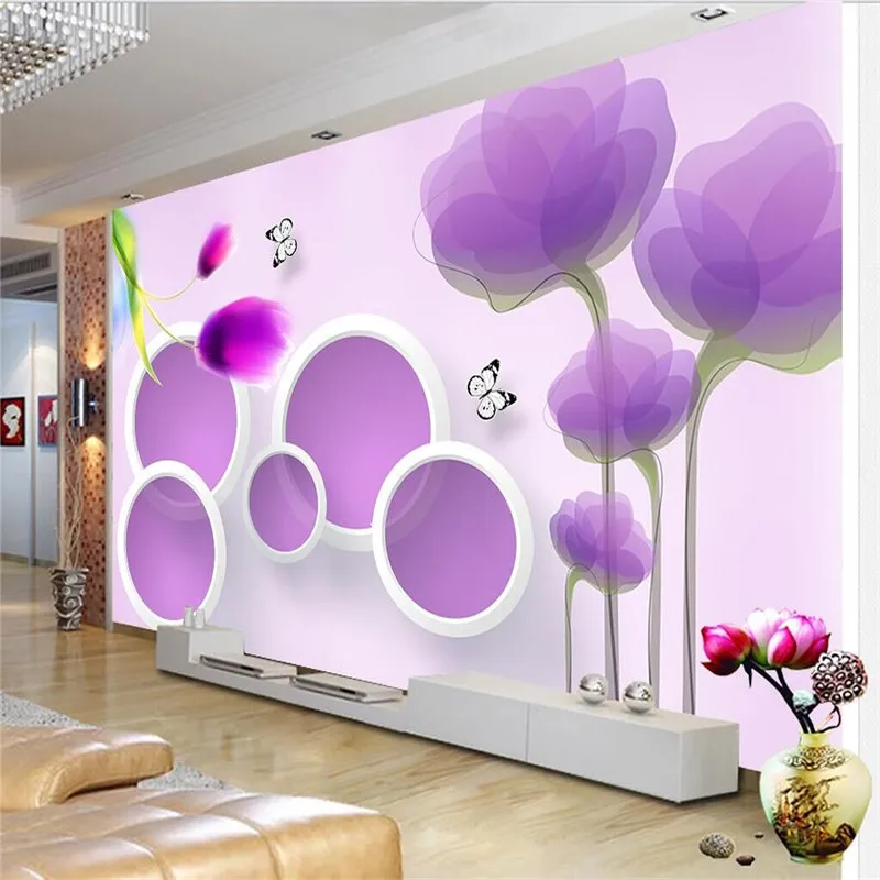 3D Vector Purple Tulips Trees Circle Background Wall Professional Production Wallpaper Mural Custom Home Wall