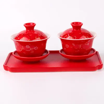 Chinese traditional antique red wedding ceramic tea bowl cup tray Kungfu tea set tureen gaiwan porcelain marry newlywed gift