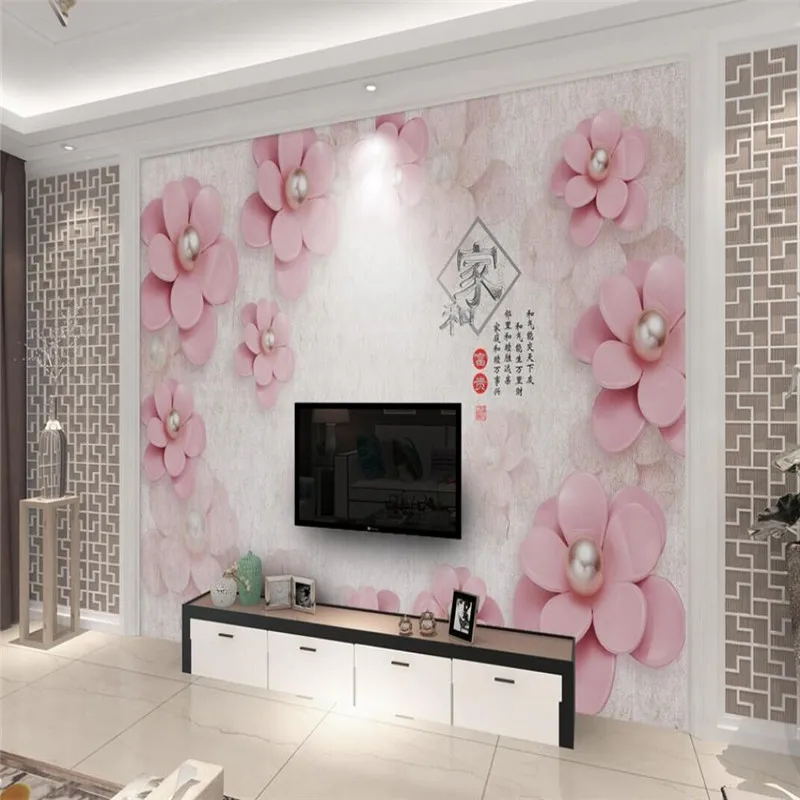 

Beautiful and elegant 3d three-dimensional pearl flower European jewelry wall professional production wallpaper mural custom pho