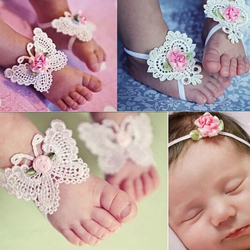 Baby Girls Infant Crochet Butterfly Headband Newborn Knitted Flower Barefoot Sandals Set Beauty Headdress