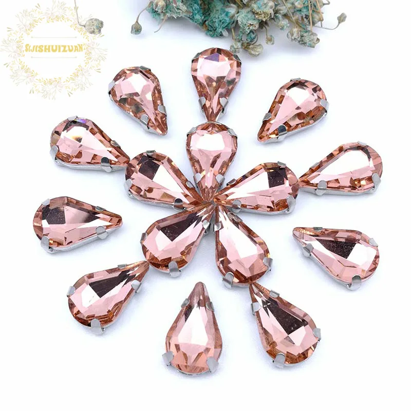 Teardrop Shape Glass Rhinestones with Claw, Sew On Crystal Stone, Strass Diamond, Metal Base Buckle, Water Red, 20 Pcs Pack