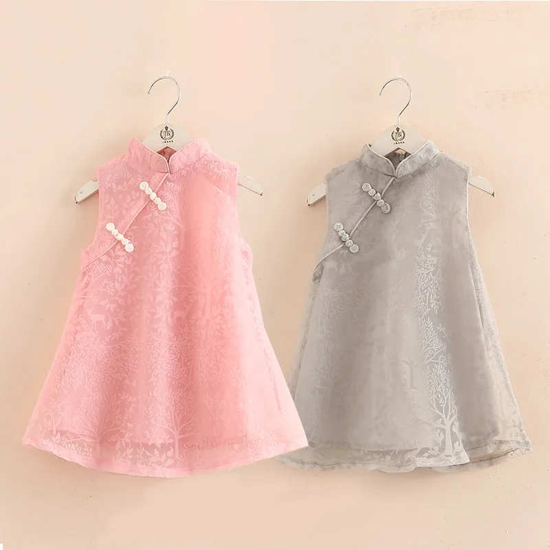 2024 Hot Summer 2 3 4-12 Years Chinese Ethnic Vintage Style Mandarin Collar Vintage Sundress Kids Baby Dress Girl Lace Cheongsam