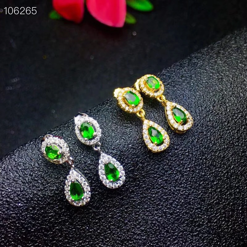 KJJEAXCMY Fine Jewelry 925 sterling silver inlaid natural diopside female earrings support detection of new silver gold 2 colors