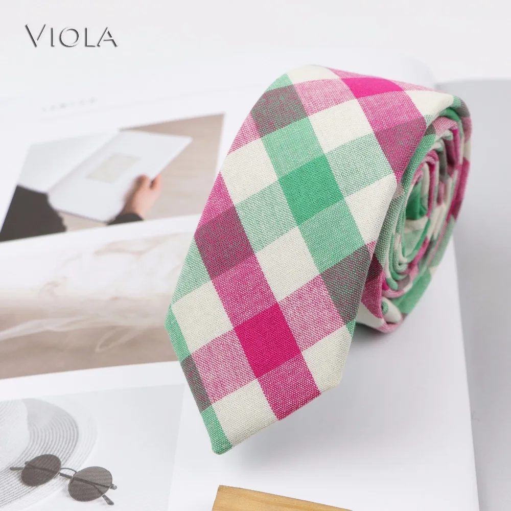 Young Men Soft Cotton Striped Plaid Necktie Mint Green Pink 6cm Casual Skinny Ties Tuxedo Party Fashion Cravat Gift Accessory