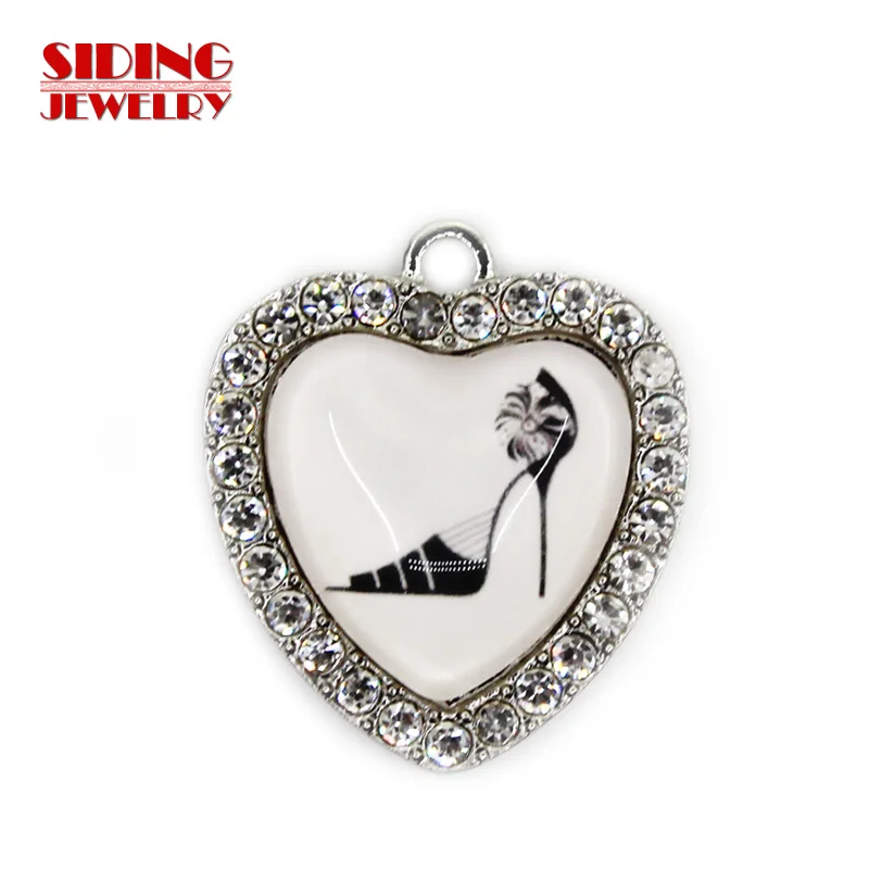 2018 New Arrival 10pcs/lot High Heeled Shoes 2 Crystal Heart Dangle Charms DIY Bracelet Necklace Pendants Jewelry Hanging Charms