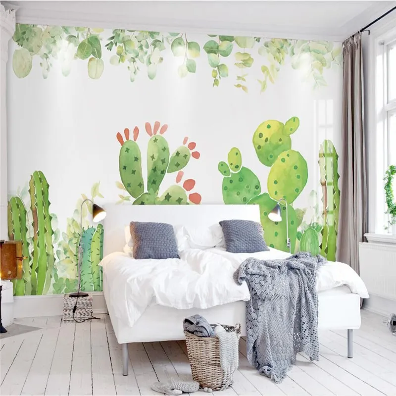 Nordic watercolor cactus living room wall hand-painted background wall professional production wallpaper custom photo wall