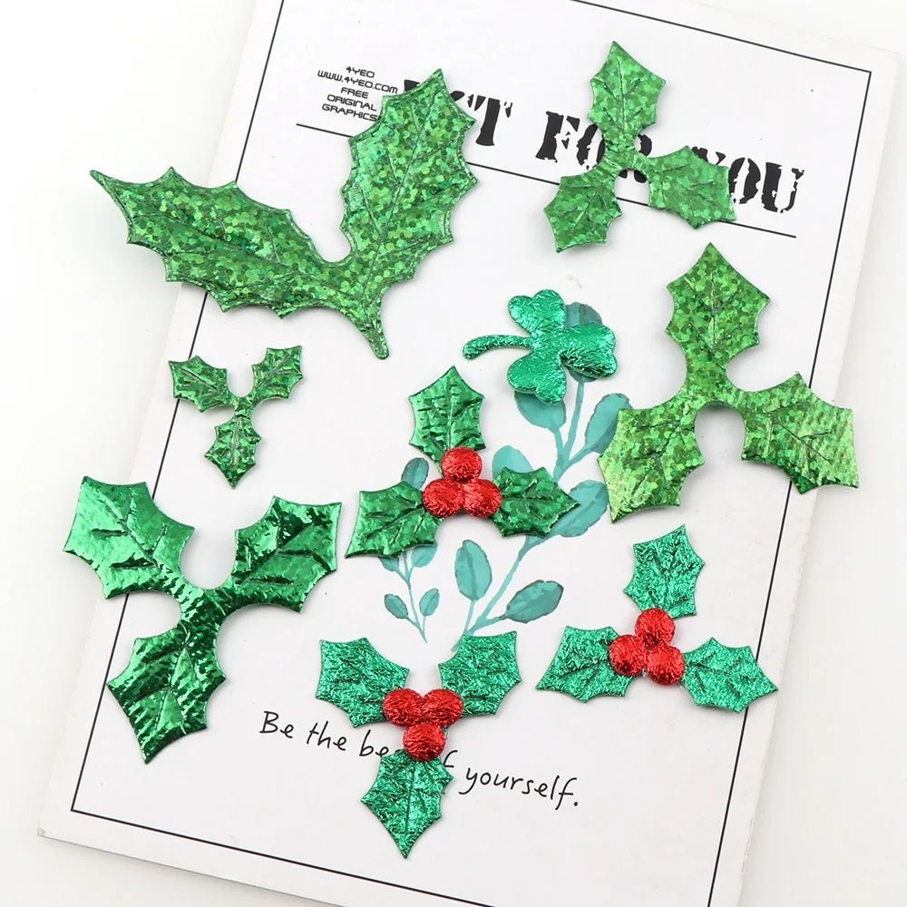 100pcs Table Decoration Holly Berries and Leaves Appliques for Christmas Decoration ,Stick-on DIY  Laser Green Color