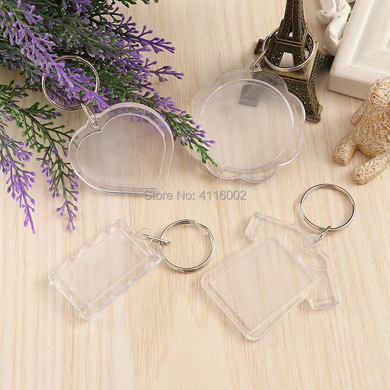 200pcs Blank Acrylic Square Round Heart Shape Photo Key Chains Photo Frame Keyrings Tags