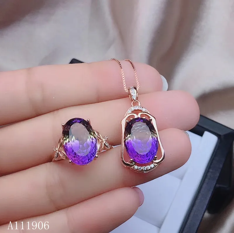 

KJJEAXCMY boutique jewelry 925 sterling silver inlaid natural amethyst gemstone female ring necklace pendant set new