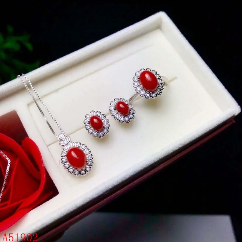 

KJJEAXCMY exquisite jewelry 925 sterling silver inlaid natural red coral gemstone female ring necklace pendant earrings support