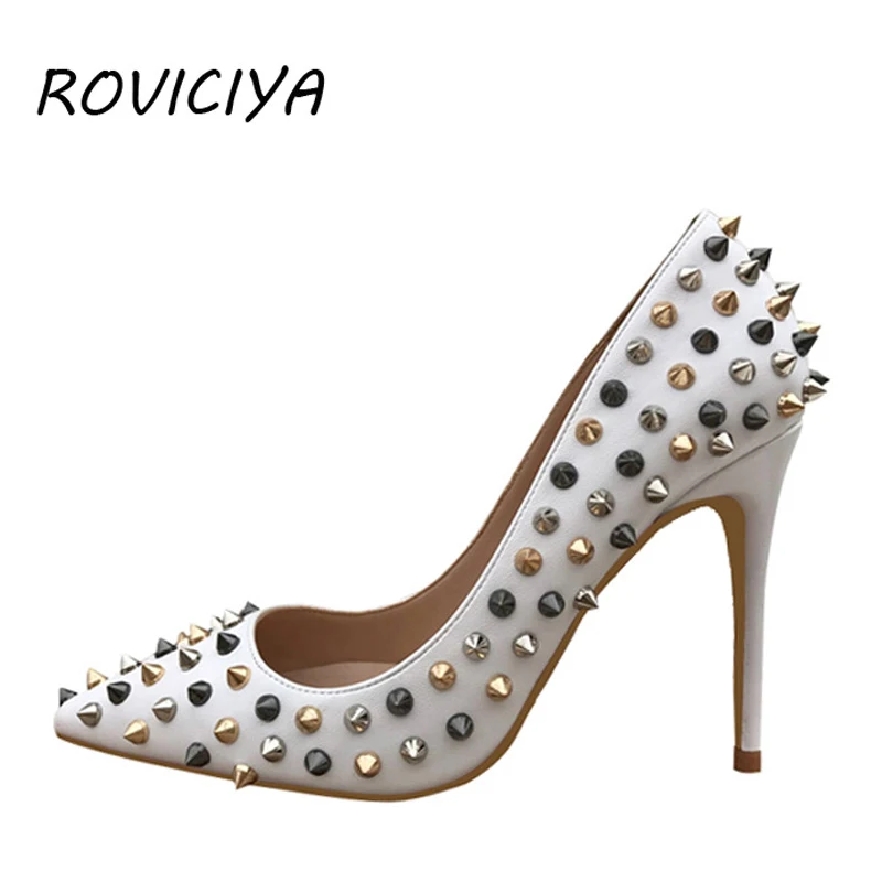 

Ladies rivets new pumps for women shoes female wedding shoes designer high heel spring autumn 8cm 10cm 12cm 33-45 MD005 ROVICIYA