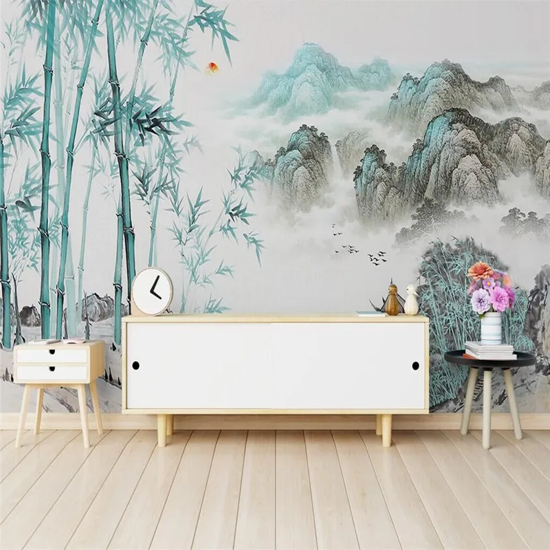 

New Chinese artistic conception abstract ink landscape bamboo living room background wall painting professional production wallp