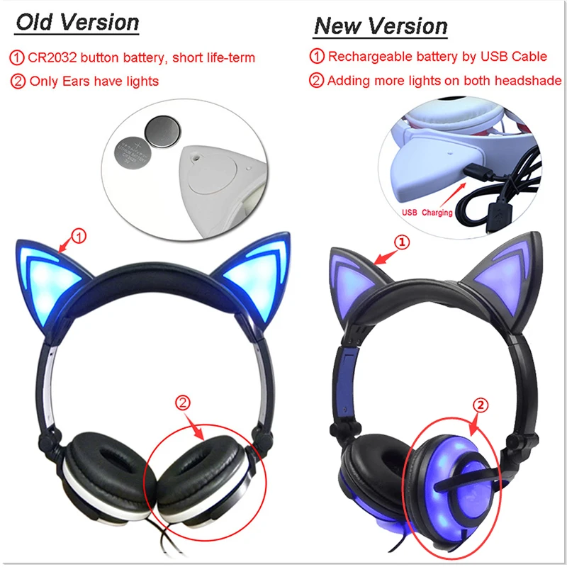 YiJee Cat Ear LED Headphones with LED Flashing Glowing Light Headset Gaming Earphones for PC Computer and Mobile Phone