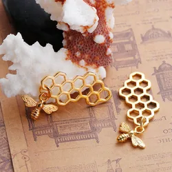 8seasons 3D Honeycomb Charms Pendants Alloy Gold Color Bee Carved Charms for Jewelry Making DIY Necklace Findings 46X16mm, 10PCs