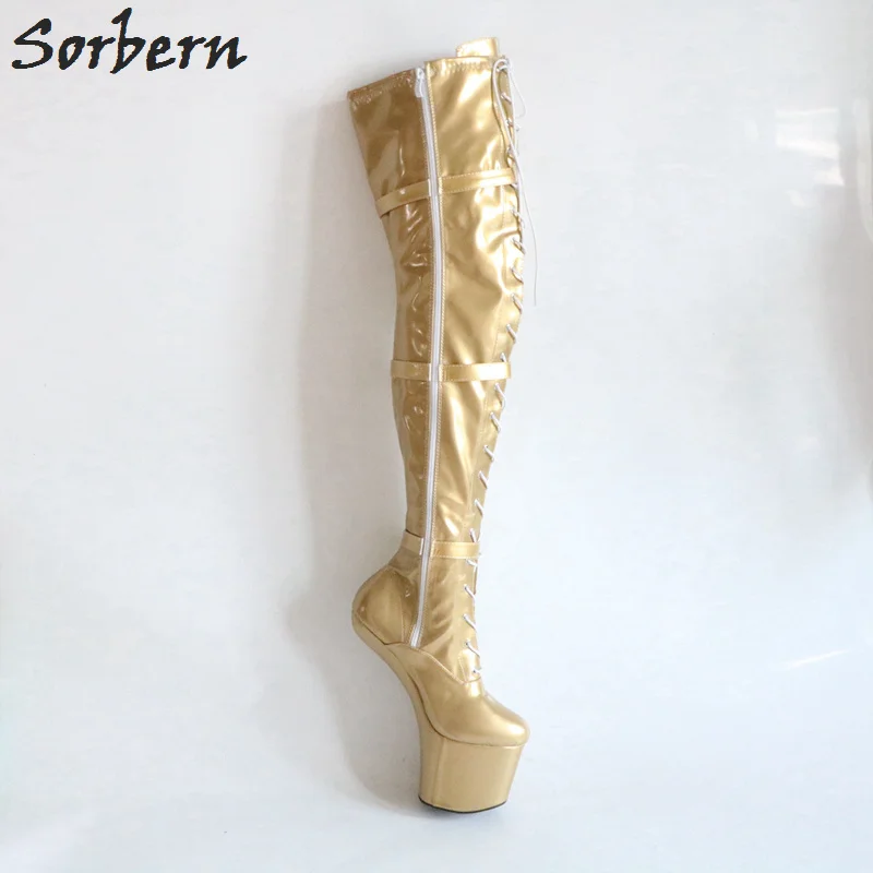 Sorbern Over The Knee Women Boot Sissy Heelless Hoof Heel Boots Custom Wide Fit Leg Boots Sexy Bdsm NO Heel Shoes Lace Up Straps