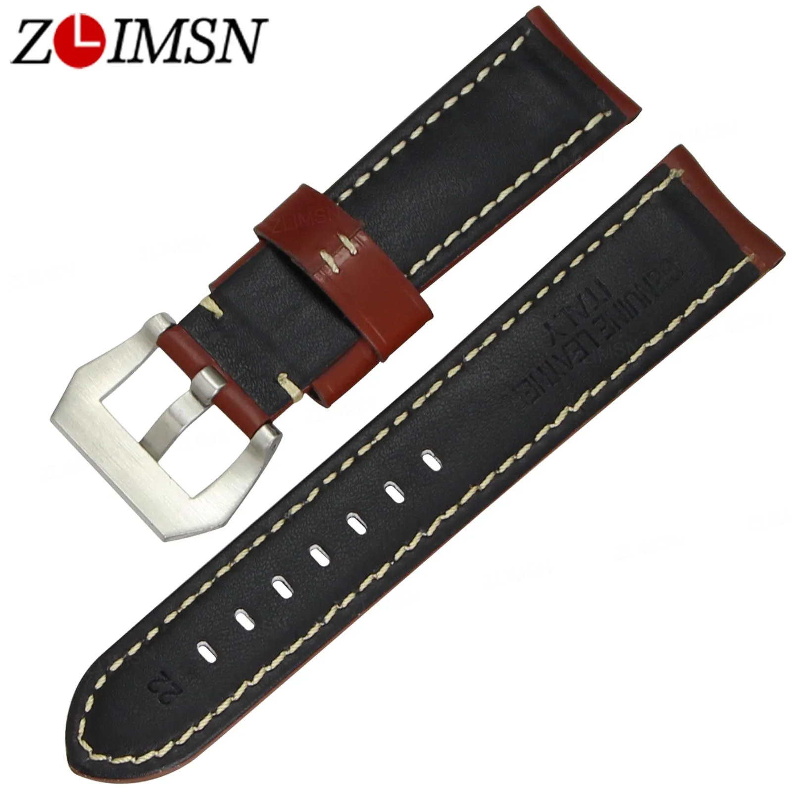 ZLIMSN Genuine Leather Watch Bands Smooth Black Orange Red Green Replacement 22 24 26mm Stainless Steel Buckle Brush Spring Bars