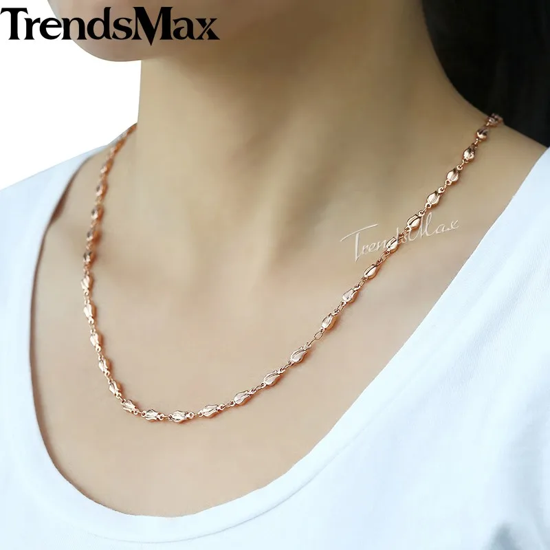 4mm Neckalce For Women Girls 585 Rose Gold Color Bud Link Chain Necklace Woman Fashion Jewelry Valentines Gifts 45cm 50cm 55cm