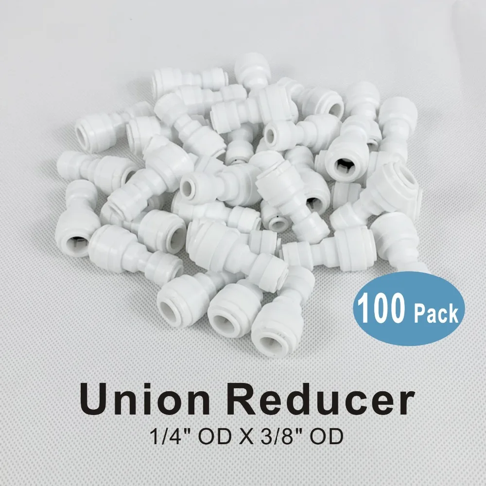 

100 PACK OF Straight Union Reducer 1/4" to 3/8" OD Quick Fitting Connector for Water Filters and Reverse Osmosis Systems