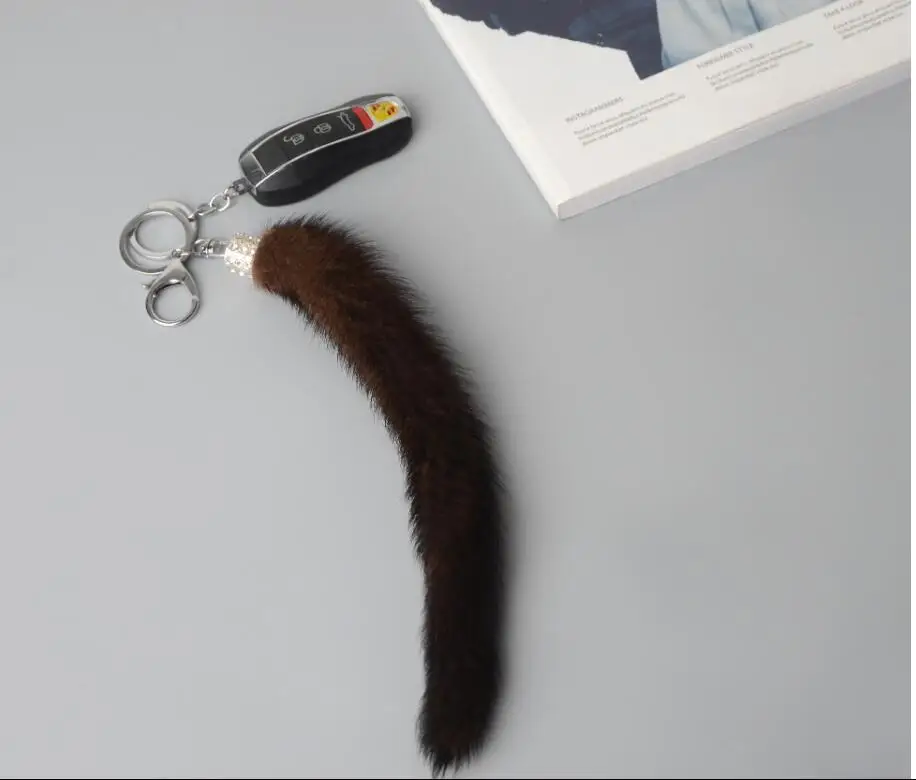 18cm New Fashion black Mink fur tail Keychain Popular Versatile Metal car Key Ring Key Chain Key Chains for women men