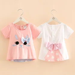 2024 Summer 2 3 4 5 6 8 Year Children Baby White Pink Cotton Cartoon Cat Dot Bowknot Patchwork Short Sleeve Kids Girl T-Shirt