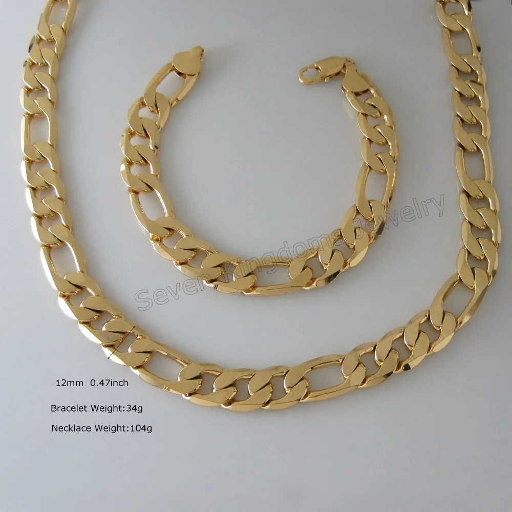 

GOLD COLOR SUPER HEAVY 104g / 34g BIG WIDTH FIGARO LINK CHAIN 24" NECKLACE 8.7" BRACELET SET