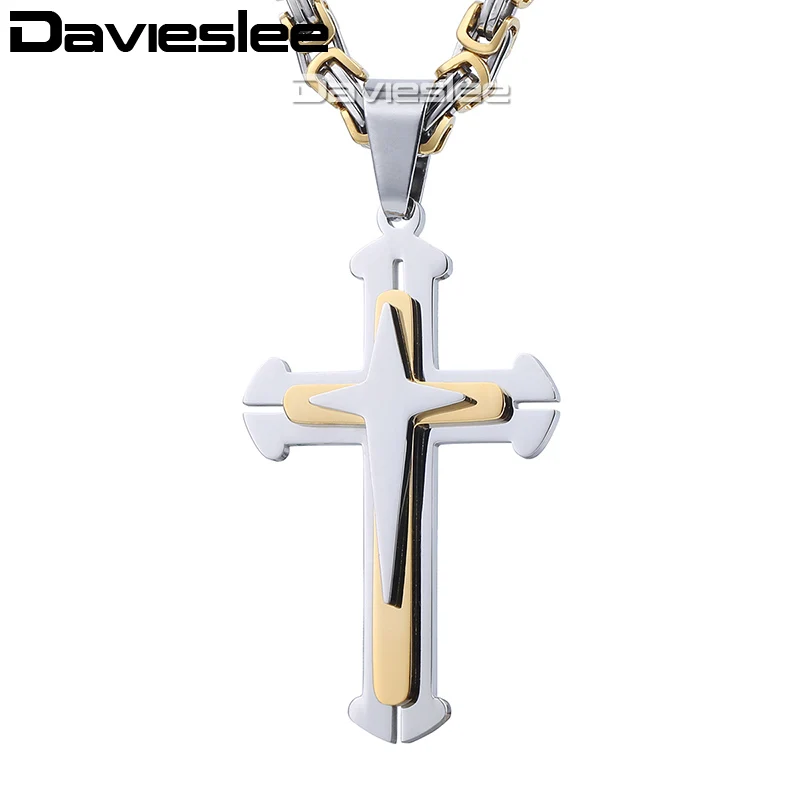 Davieslee Cutout Cross Pendant Necklace for Men Gold Black Silver Color Stainless Steel Wholesale Jewelry LKP180