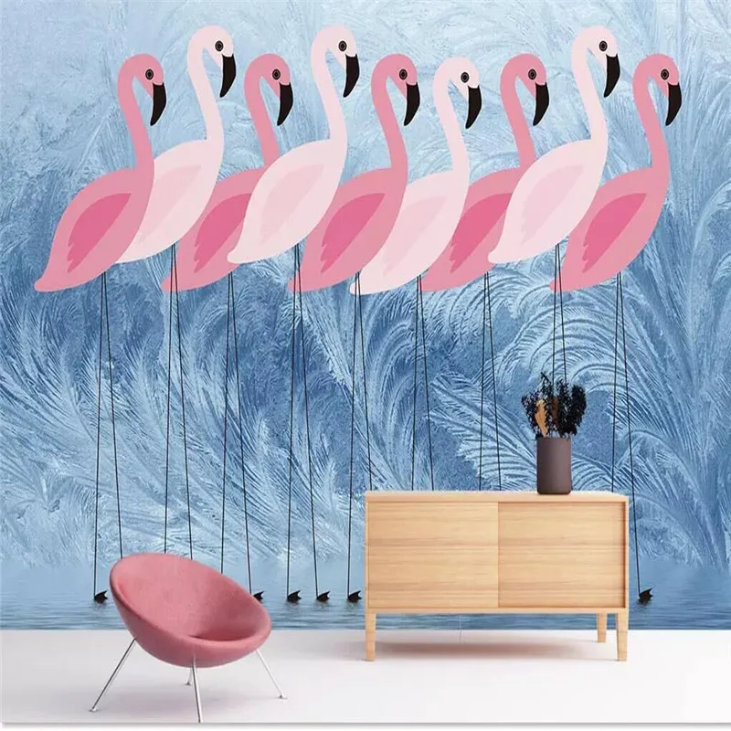 Custom Mural Wallpaper Pink Swan Lake Grass Background Wall Painting