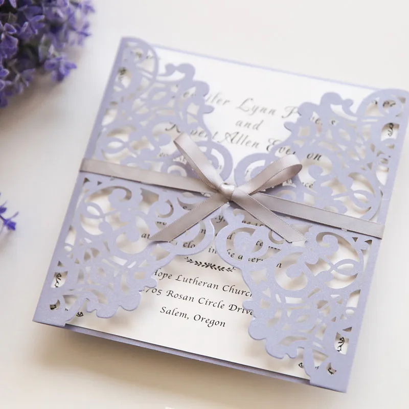 romantic lavender laser cut wedding invitations with grey ribbon bows