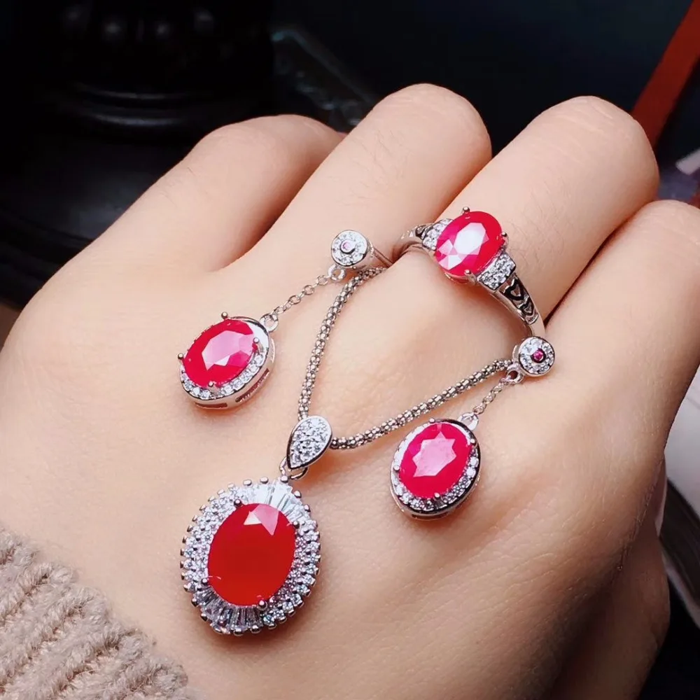 KJJEAXCMY boutique jewels 925 sterling silver inlaid natural ruby Bride Mini-Ring Necklace Pendant Earring Set support detection