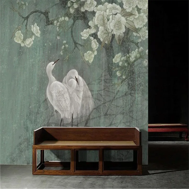 Custom Mural Wallpaper Hand Painted Magnolia White Egret Background Wall Painting