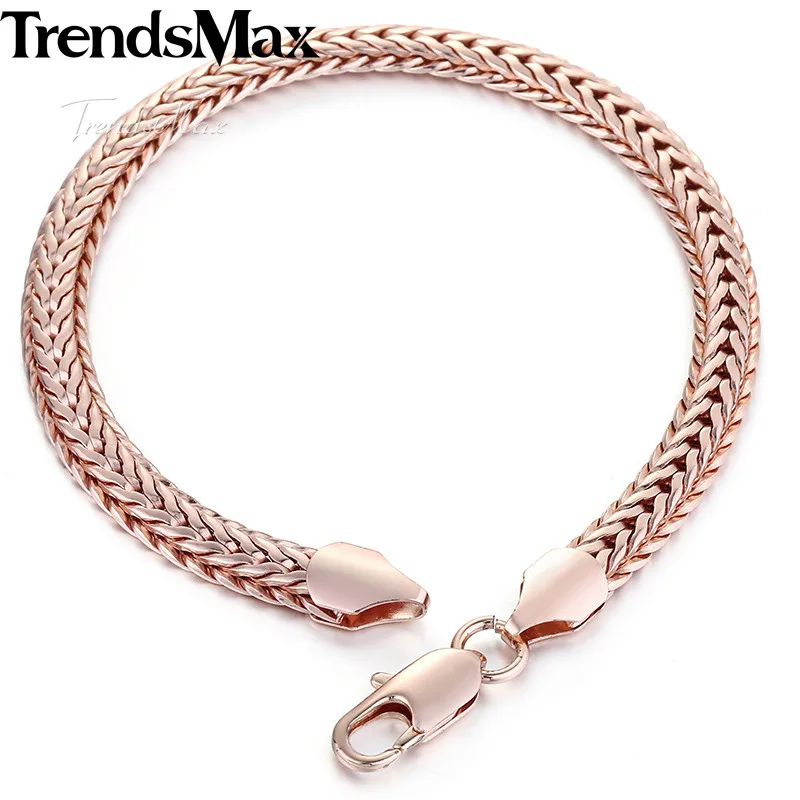 Trendsmax 585 Rose Gold Color Bracelet for Women Men Foxtail Link Chain Bracelet Male Wristband Fashion Jewelry 6mm 8inch GB254