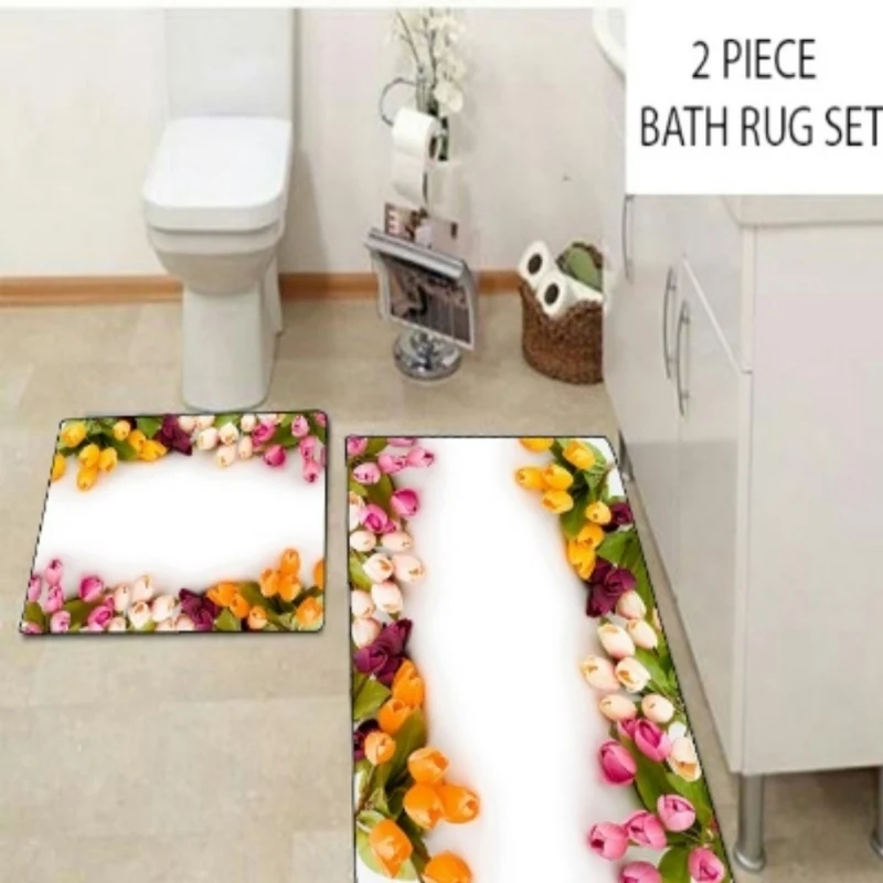 

Else White Floor Pink Orange Yellow Tulips Flowers 2 Pcs 3d Print Bath Mats Anti Slip Soft Washable Bathroom Mat Toilet Rugs