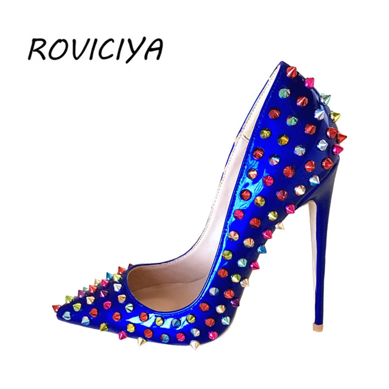 

Blue pumps shoes female rivets woman bride shoes ladies shoes high heel plus size 8-12 cm 33-45 MD021 ROVICIYA