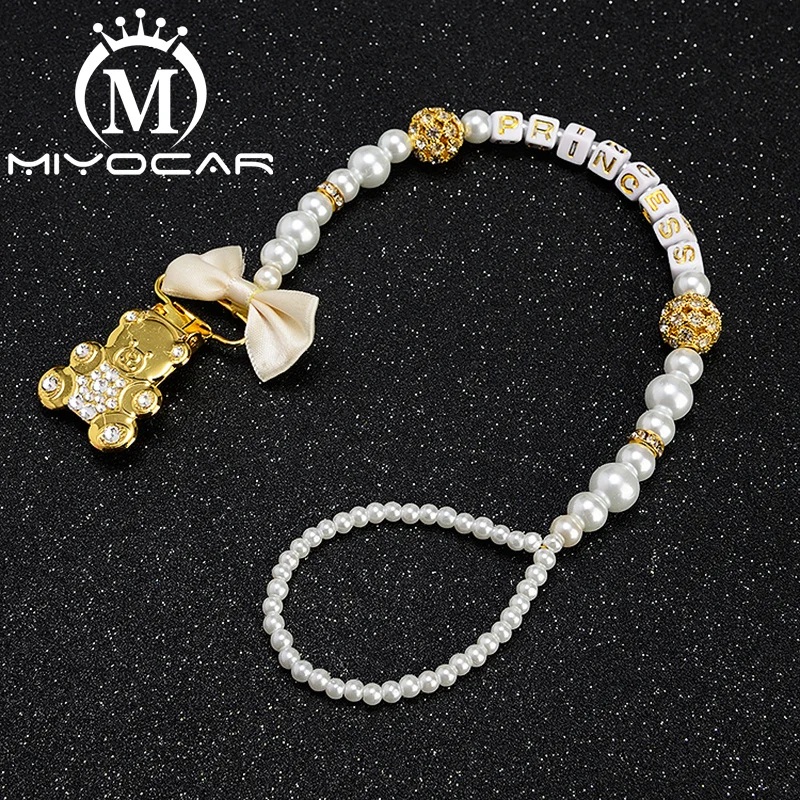 MIYOCAR beautiful gold bling bear pacifier clip dummy clip holder pacifier holder with bling gold crown bling pacifier SP016