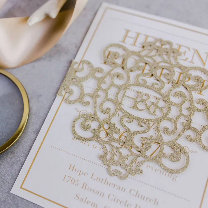 modern gold glitter monogram laser cut belly band wedding invitations with insert and  envelope