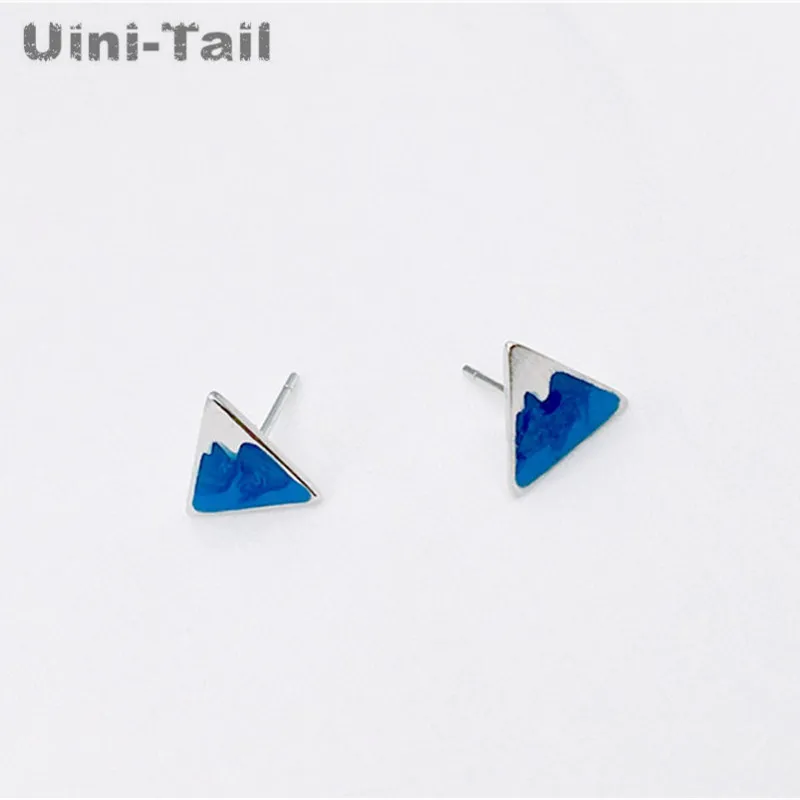 925 Tibetan silver Mt.Fuji blue triangle earrings wholesale cute cute earrings Han Sen mini accessories high quality ED050