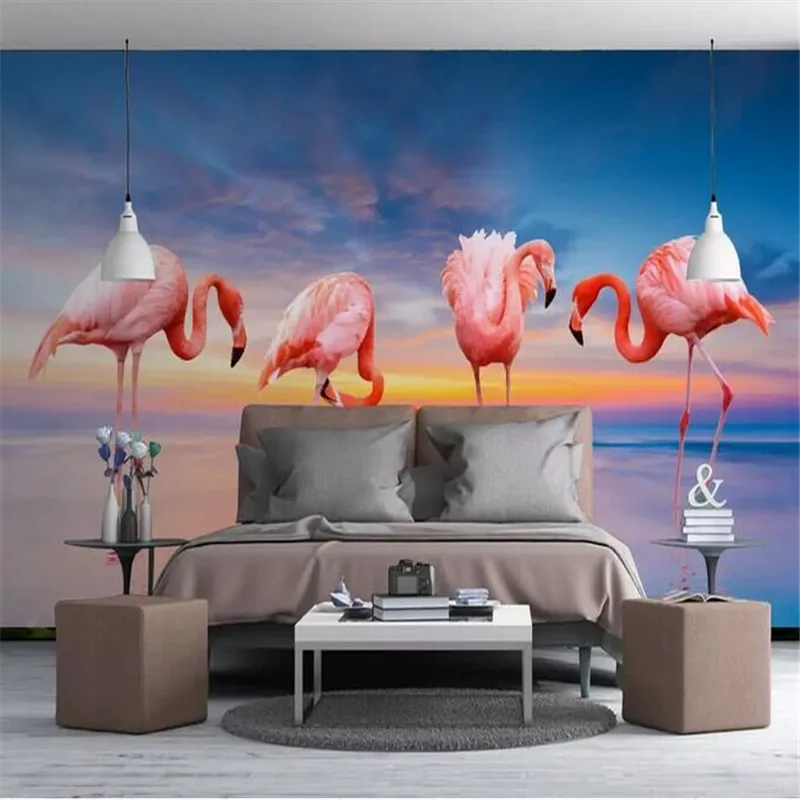 Small fresh sunset lake flamingo pastoral mood wall manufacturers wholesale wallpaper mural custom photo wall