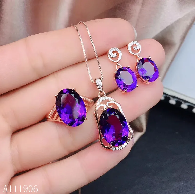 

KJJEAXCMY boutique jewelry 925 sterling silver inlaid amethyst gemstone female ring necklace pendant earrings set new luxury